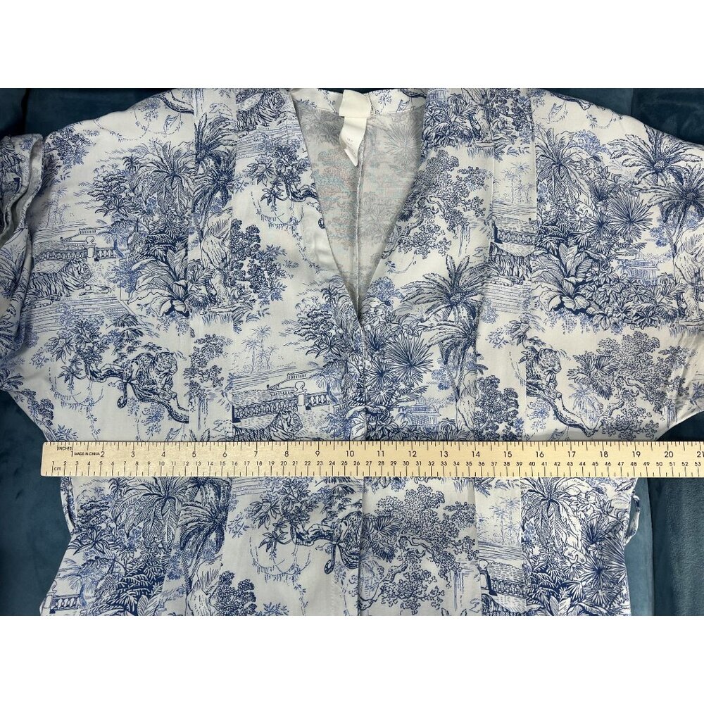 H&M Blue White Scenic Print Maxi Dress Women 0 Belted V-Neck Boho Summer - Picture 7 of 10